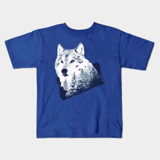 Wolf in the Forest Cool Artwork Kids T-Shirt by LazyMice